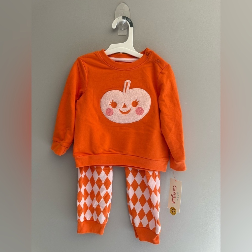 Cat & Jack Baby Halloween Pumpkin Matching Set SZ 18M Orange White Argyle New